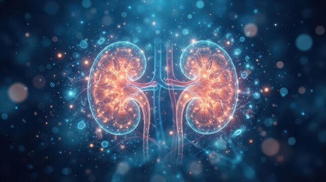 Human kidneys anatomical illustration with glowing digital network connections