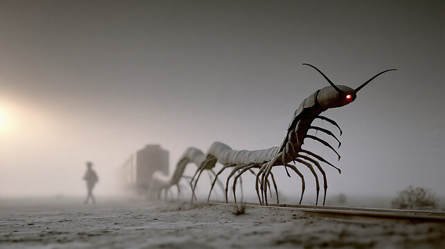 Giant biomechanical centipedes patrol railway tracks in a foggy post-apocalyptic wasteland, creating a dark science fiction scene of danger and survival.
