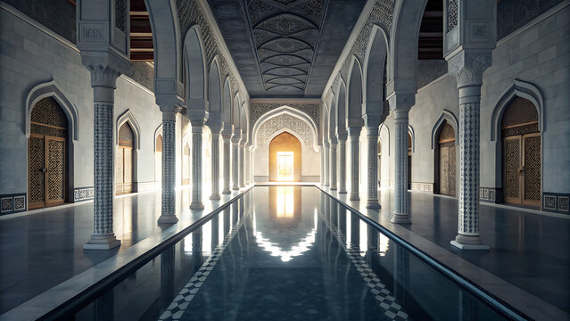 Symmetrical interior of a grand hall with arched columns and a reflecting pool