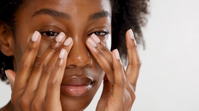 Beautiful young Black woman applying collagen under-eye patches for hydrating skincare, dark circle reduction, and anti-aging face treatment in a clean studio setting.