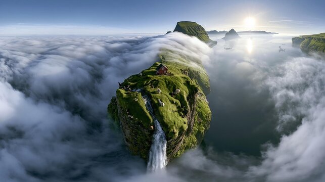 AI generator images of Ultra-wide angle aerial panorama of a green cliff with a prominent red house, grass with a waterfall flowing down from it, surrounded by white clouds and fog, creating a serene 