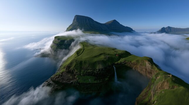 AI generator images of Ultra-wide angle aerial panorama of a green cliff with a prominent red house, grass with a waterfall flowing down from it, surrounded by white clouds and fog, creating a serene 