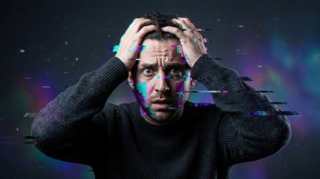 Digital stress and information pressure illustrated through a surreal portrait of a man with face glitch distortion.