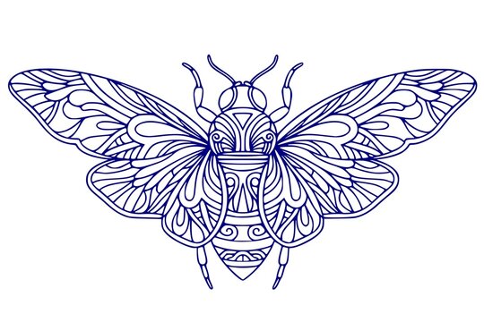 bee with ornament. Vector blue outline drawing of an insect with wings in decorative tribal style isolated on white