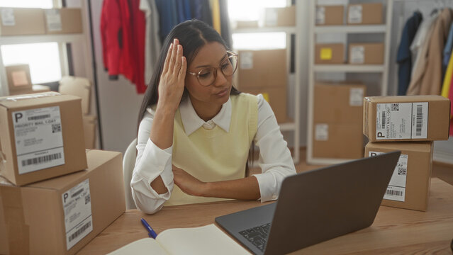 Young woman at laptop with hand on forehead among stacked shipping boxes and labels in a storage building, wearing glasses while checking orders and notes; small business stress.
