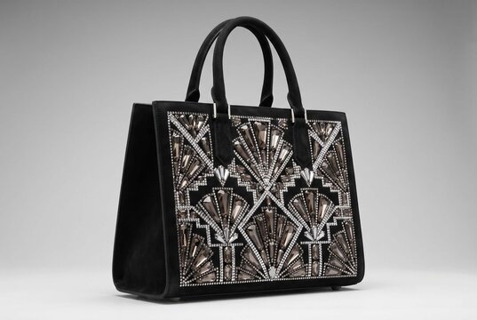 Structured black suede tote bag with a geometric Art Deco rhinestone pattern in silver and smoky quartz. Professional studio product photography.