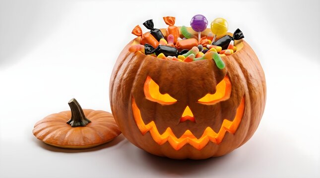 Jack-o'-Lantern Pumpkin Filled with Assorted Trick-or-Treat Candy on White Background