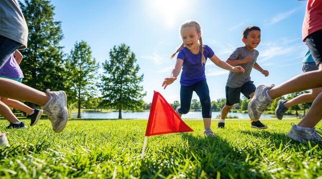 Active outdoor play and childhood competition as a group of children engage in capture the flag within a park beneath a bright sky.