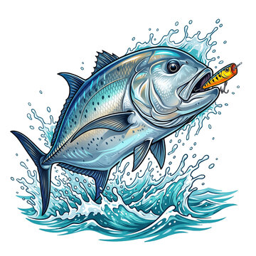 Giant trevally fish jumping out of ocean water catching a lure vector illustration isolated on white background