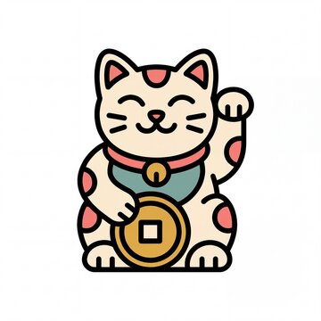 Cute smiling lucky cat maneki neko holding gold coin, japanese fortune symbol vector