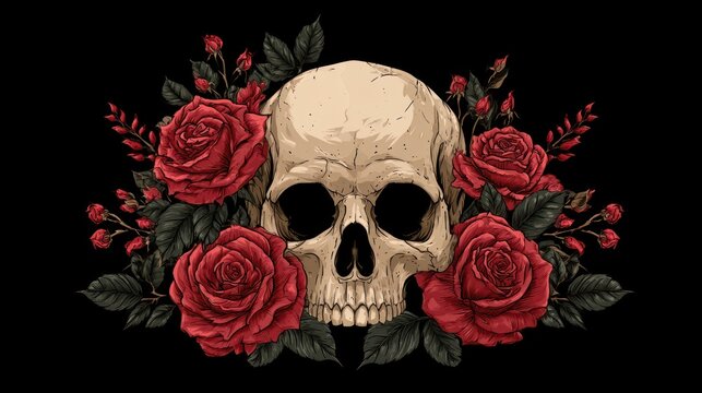 Human skull and red roses illustration
