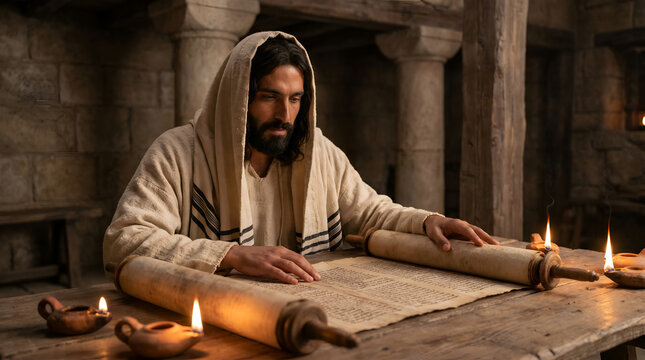 A man in traditional robes reading an ancient scroll on a wooden table by candlelight