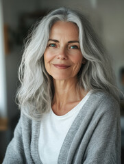 Fototapeta premium Portrait of a woman with gray hair and a warm smile indoors