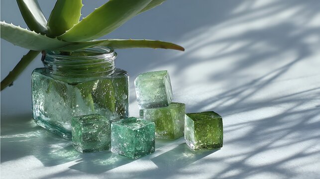 Aloe vera plant leaves resting near transparent green cubes on a textured white surface backdrop with surrounded shimmering green soft light background