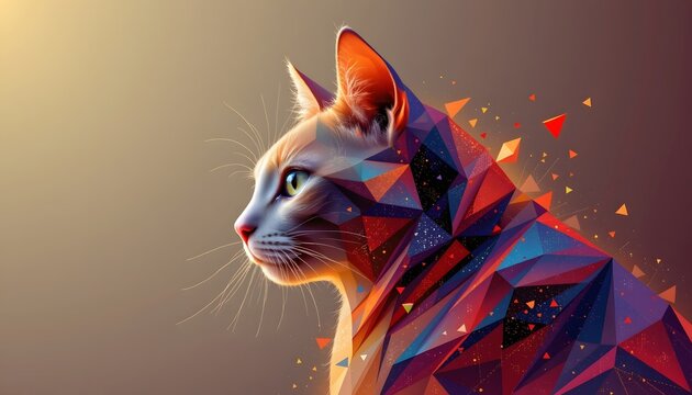 angular geometric cat featuring crystal shard textures, modern digital illustration, warm neutral gradient
