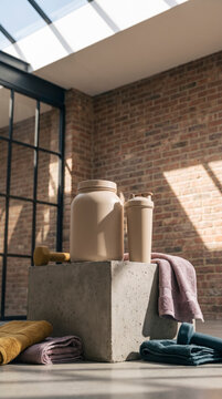 Beige protein jar and shaker on concrete pedestal in sunlit industrial loft gym