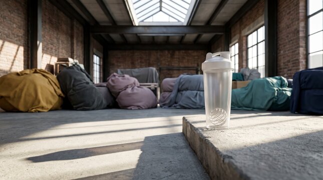 White protein shaker bottle on concrete block in spacious industrial loft studio