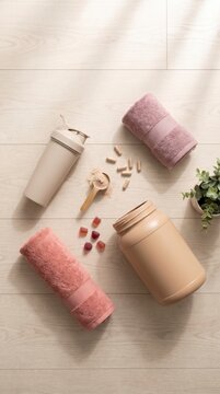 Moody fitness flat lay of chocolate protein powder capsules and dumbbell on slate