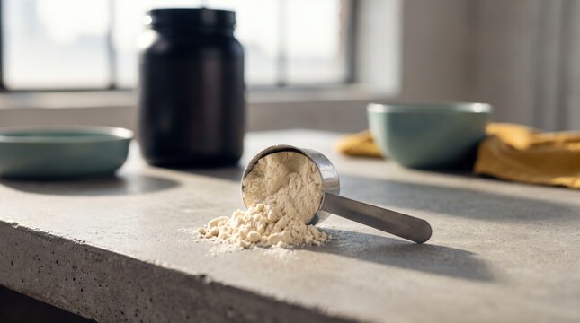 Metal scoop of whey protein powder spilling beside black jar on concrete counter