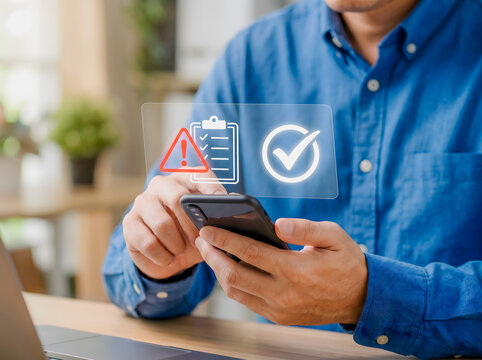 Person using smartphone with digital checklist and risk warning icon overlay