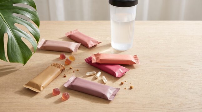 Colorful protein bars gummies and shaker with monstera leaf on warm wooden table