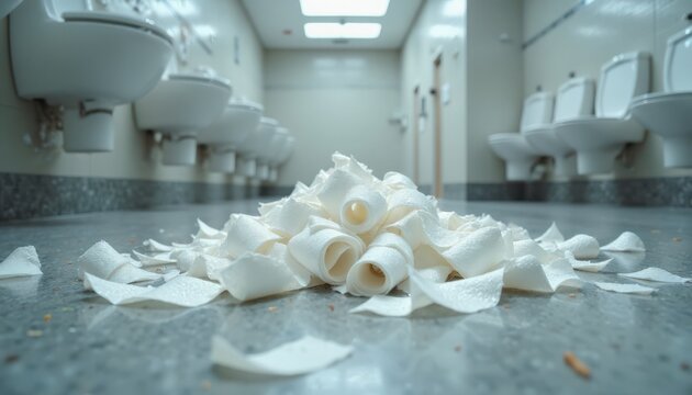 Disordered restroom scene with rolled toilet paper strewn on floor near urinals and stalls. The restroom features bright lighting and a clean design,