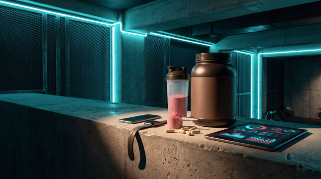 Sports nutrition still life with protein tub shaker and smart devices in neon gym