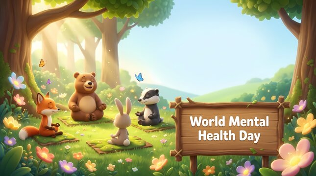 Cute Woodland Animals Meditating in Forest for World Mental Health Day Illustration