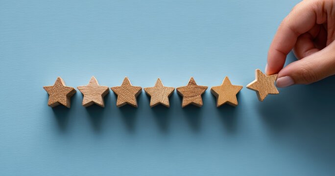 Hand holding one star piece over a row of wooden stars on blue background as a feedback concept with customer satisfaction feedback evaluation excellence business selection performance