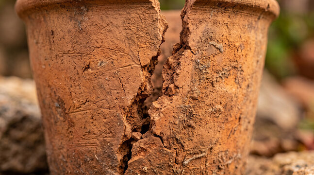 Cracked terracotta plant pot broken in half, showing rough texture and earthy tones.