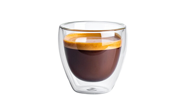 A small glass cup of rich espresso with a thin golden crema layer on top, isolated on transparent background, PNG