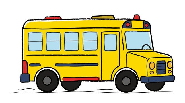 Yellow school bus with red lights and blue trim drawing isolated on white background