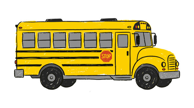 Classic yellow school bus with stop sign feature isolated on white background flat style