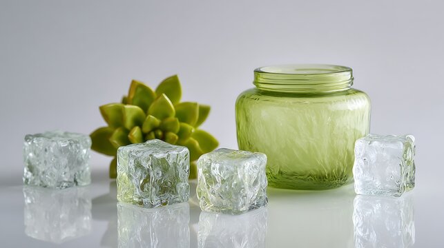 Green textured glass jar beside refreshing ice cubes and small succulent plant on white surface with displays translucent green glass container arranged