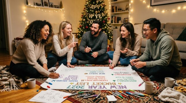 Friendly resolution meeting: anticipate future, look forward, prepare dream, Happy New, Year 2027, write aspiration, discuss objective, share laughter.