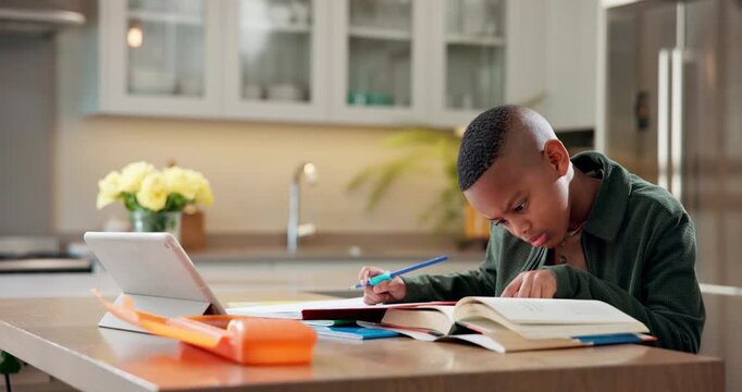 Book, elearning and tablet with black child in kitchen in home for reading, education and answer check. Project, math solution guide and online class with kid in house for study, student and exam