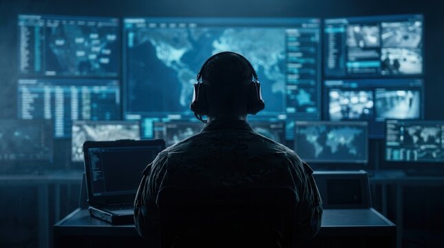 Silhouette of a military man in headphones at a laptop against a video wall of glowing screens with contour lighting for information gathering, surveillance, and control.