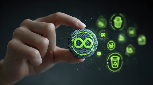 A hand holding a digital circular emblem featuring an infinity symbol representing circular economy and sustainability concepts sustainability infinity circular environment recycling