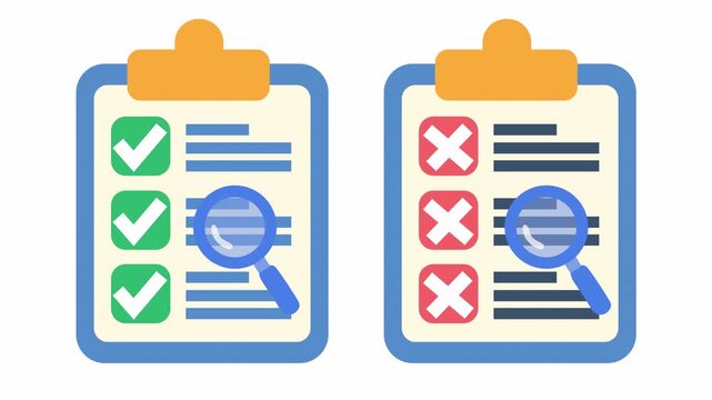 Approved and rejected clipboards side by side with checkmarks, cross marks, and magnifying glass cartoon animation for a business task checklist comparison symbol isolated on an alpha channel.
