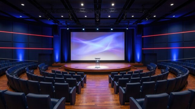 Modern architecture and event venue design featuring an auditorium interior with empty stage and seating