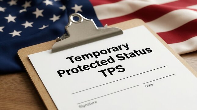 Close-up of a clipboard with a Temporary Protected Status TPS sign in front of an American flag background.
