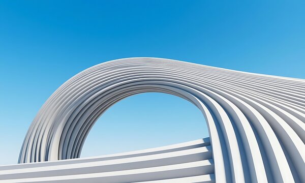 Abstract 3D architectural render of white wing-like parametric structure on reflective surface, clear blue sky background