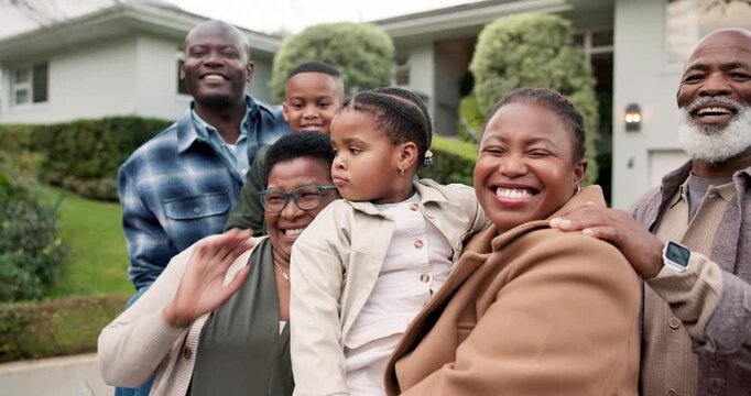 Family, happiness and face with generations by new home, wave and smile with bonding on lawn. Black people, grandparents and parents with kids outdoor for moving, relocation or together with hello