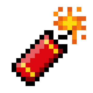 Burning Firework Dynamite Stick Pixel Icon for Chinese New Year, Festival Celebration, or Game Asset