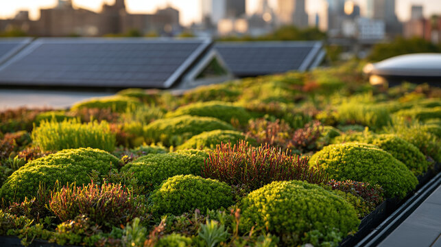 Green Roof with Solar Panels and City Skyline in Background at Sunset