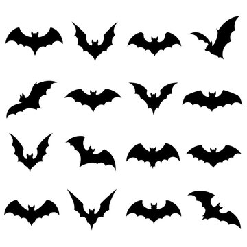 Halloween bat silhouettes set, black flying bat icons illustration, spooky gothic horror design isolated PNG with Transparent Background