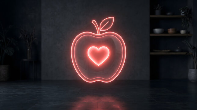 Neon holographic apple with glowing heart symbol representing healthy nutrition, wellness, and care.