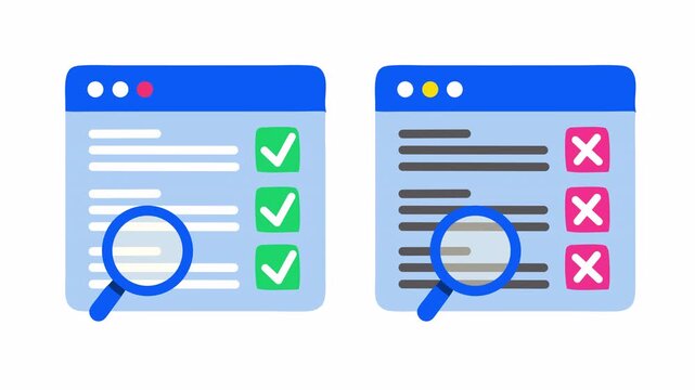 Approved and rejected web page windows comparison with checkmarks, cross marks, and magnifying glass cartoon animation for website audit icon and document analysis symbol isolated on an alpha channel.