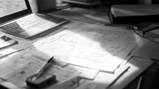 Architectural Blueprint Plan on Desk with Laptop