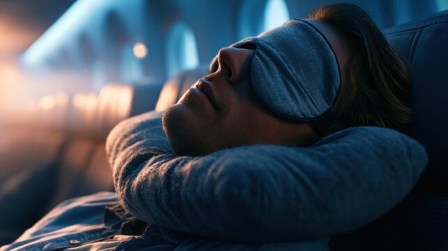 Person sleeping with eye mask on airplane seat